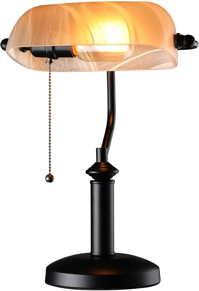 TORCHSTAR Pale Yellow Glass Bankers Desk Lamp, UL Listed, Antique Desk Lamps with Uniquely Textured, Traditional Library Lamp with Pull Chain, E26 Base, Desk Lamp for Office, Study Room