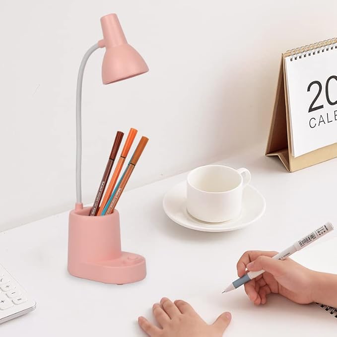 Battery Operated lamp,Small Lamps for Small Spaces,Pink Desk lamp,kids battery lamps for tables,Cute pen holder for desk,360° Rotating Hose,Adjust The Angle of Light Source at Will,Led Desk Lamps