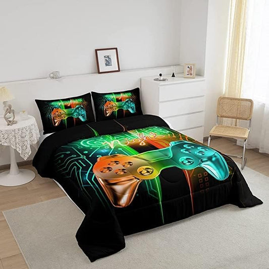 Feelyou Gamer Comforter Kids Gaming Video Game Comforter Set for Boys Teens Noverlty Modern Gamepad Bedding Set Breathable Gamer Console Bedding Duvet Set Bright Orange Green Room Decor King Size