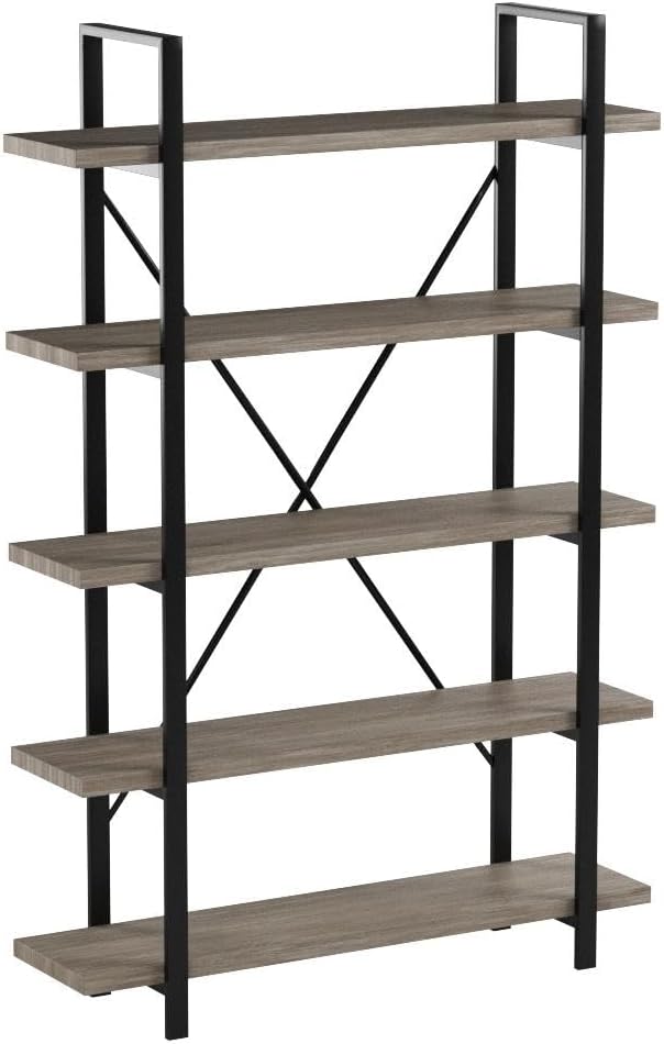 45MinST 5-Tier Vintage Industrial Style Bookcase/Metal and Wood Bookshelf Furniture for Collection, Gray Oak, 3/4/5 Tier (5-Tier)