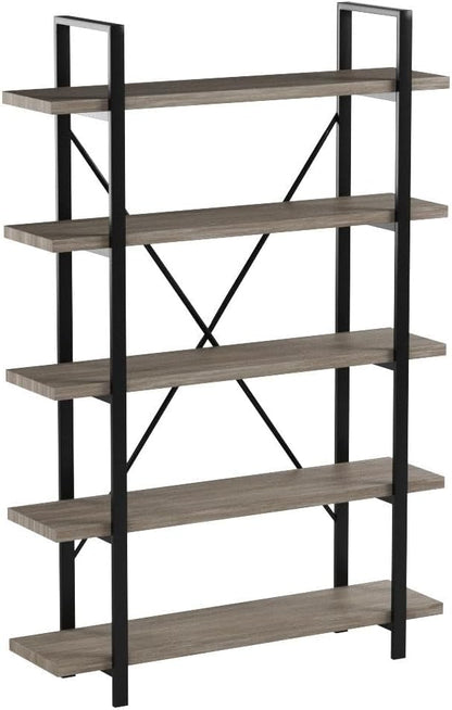 45MinST 5-Tier Vintage Industrial Style Bookcase/Metal and Wood Bookshelf Furniture for Collection, Gray Oak, 3/4/5 Tier (5-Tier)