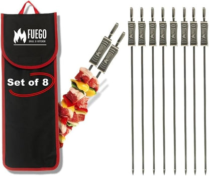 Fuego Skewers for Grilling - 17" Stainless Steel Flat Blade with Push Slider | Reusable & Dishwasher Safe | BBQ Skewers and Shish Kabob | Set of 8