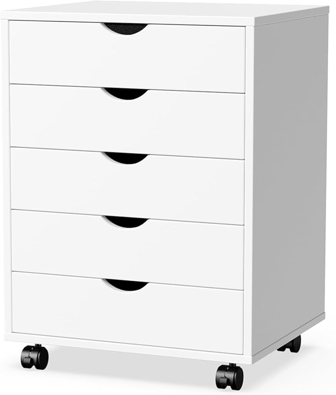 DUMOS 5 Drawer File Cabinet 5 Wood Rolling Organizer Storage Chest with Wheels Mobile Printer Stand for Home Office, White