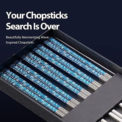 Hagary Blue Wave Chopsticks 5 Pairs Metal Chopsticks Reusable Designed In Korea Japanese Style Stainless Steel 316 18/10 Non-Slip Dishwasher Safe Laser Engraved