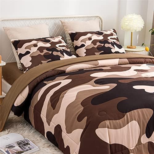 Meeting Story Camouflage Bedding Set, Colorful Pattern Style Comforter Set, 5 PCS One Comforter Two Pillowcases Two Sheets in One Bag, All Season Bedspread for Teens Adults (Coffee,Full5pcs