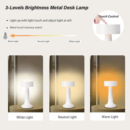 Portable LED Table Lamp, 3-Levels Brightness Metal Desk Lamp, 3 Color Touch Control Rechargeable Lamp, Night Light, Bedside Lamp,Dining Room Lamp,Gifts for Friends (White)