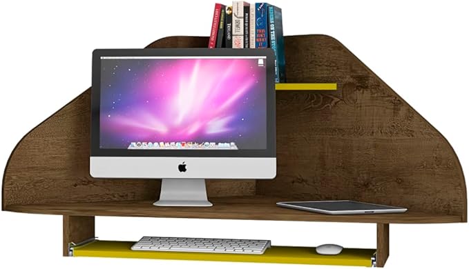 Manhattan Comfort Bradley Mid Century Modern Home Office Floating Cubicle Section Study Desk, 2 Piece, Rustic Brown/Yellow