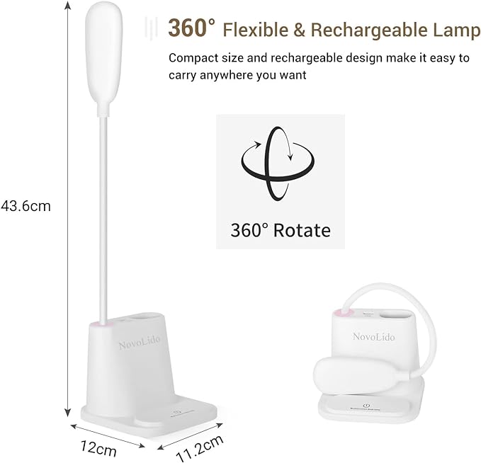 LED Desk Lamp, NovoLido Rechargeable Lamp with USB Charging Port/Pen Holder/Phone Holder, Small Study Cute for Kids/Home/Office/Dorm, Flexible Portable Bedside Table Reading (White)