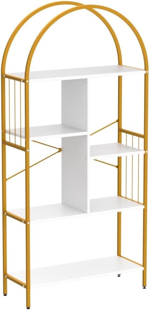 YITAHOME Gold Arched Bookshelf and Bookcase, 5 Tier Standing Book Shelf, Storage Display Rack Shelves for Bedroom Living Room Office,White&Gold