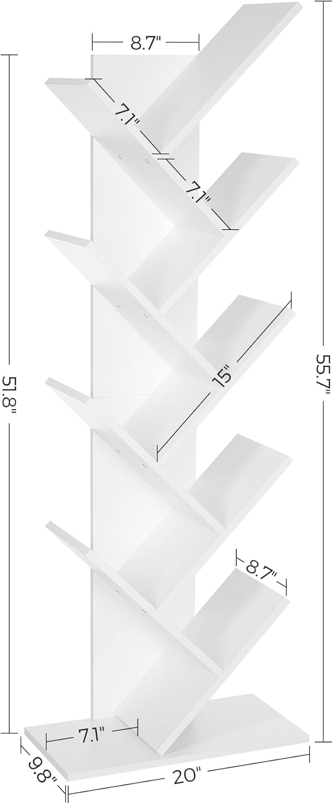 VASAGLE Tree Bookshelf, 9-Tier Bookcase, Large Bookshelf, Space-Saving Corner Shelf, Book Tree, Holds Books, CDs, Games, for Bedroom, Living Room, Home Office, Cloud White ULBC11WTV1