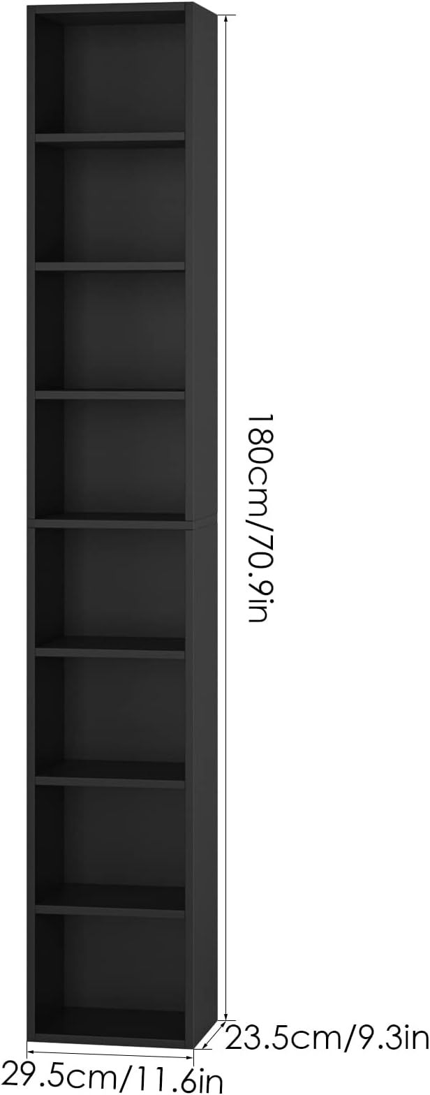 FOTOSOK 8-Tier Media Tower Rack, 11.6 X 9.3 X 70.9 Inches CD DVD Slim Storage Cabinet with Adjustable Shelves, Tall Narrow Bookcase Display Bookshelf for Home Office, Black