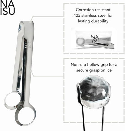 NAISU Premium Clear Ice Tongs, 430 Stainless Steel for Precision Grip for Clear Ice Spheres, Rust-Resistant for Bar & Home Use, Ice Ball Tongs, Ice tong for whisky ice