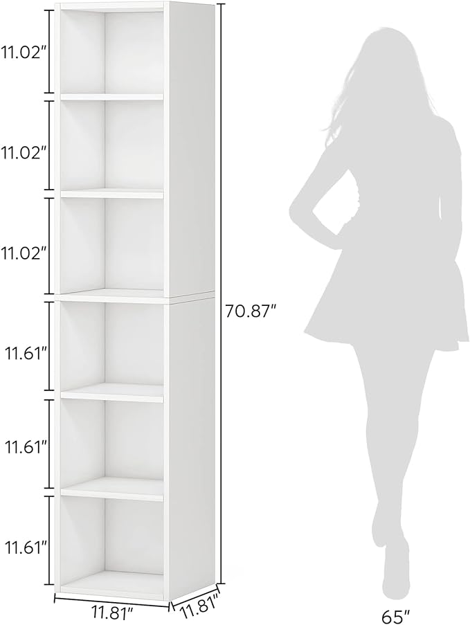 70.9 Inch Tall Narrow Bookcase, Corner Bookshelf 6 Tier Cube Display Shelf Storage Organizer for Small Space, White