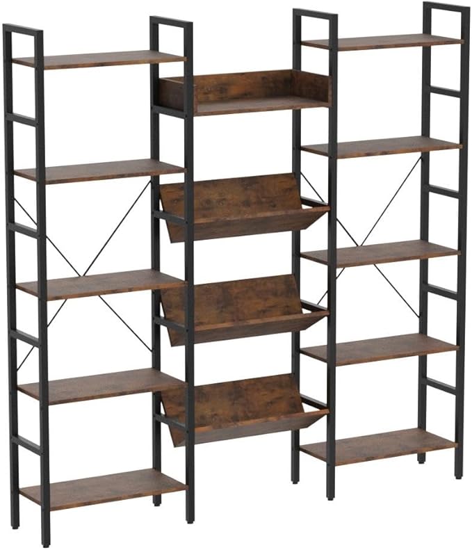 IRONCK Bookcases and Bookshelves Triple Wide 5 Tiers Industrial Bookshelf, Large Etagere Bookshelf Open Record Player Shelves with Metal Frame for Living Room Home Office
