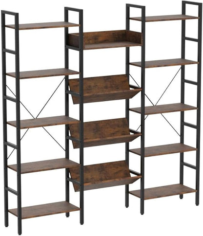 IRONCK Bookcases and Bookshelves Triple Wide 5 Tiers Industrial Bookshelf, Large Etagere Bookshelf Open Record Player Shelves with Metal Frame for Living Room Home Office