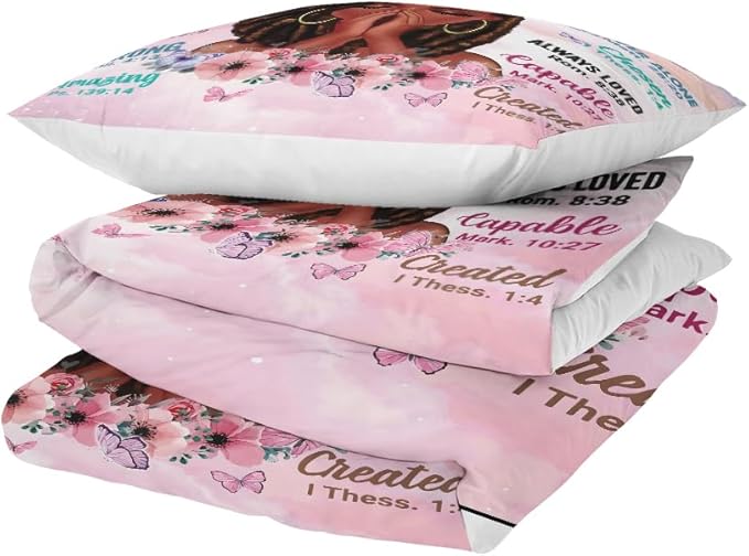 Kids Comforter Sets Full Size, Prayer Girl and African American Girl Inspirational Quotes with Floral Butterfly, Teens Bedding Sets for Girls Women (Full, Pink White)