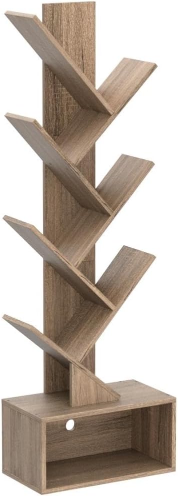 Hoctieon 6 Tier Tree Bookshelf, Tall Bookcase with Drawer, Freestanding Book shelf, Display Floor Standing Storage Shelf, Book Organizer Shelves for Home Office, Living Room, Bedroom, Greige