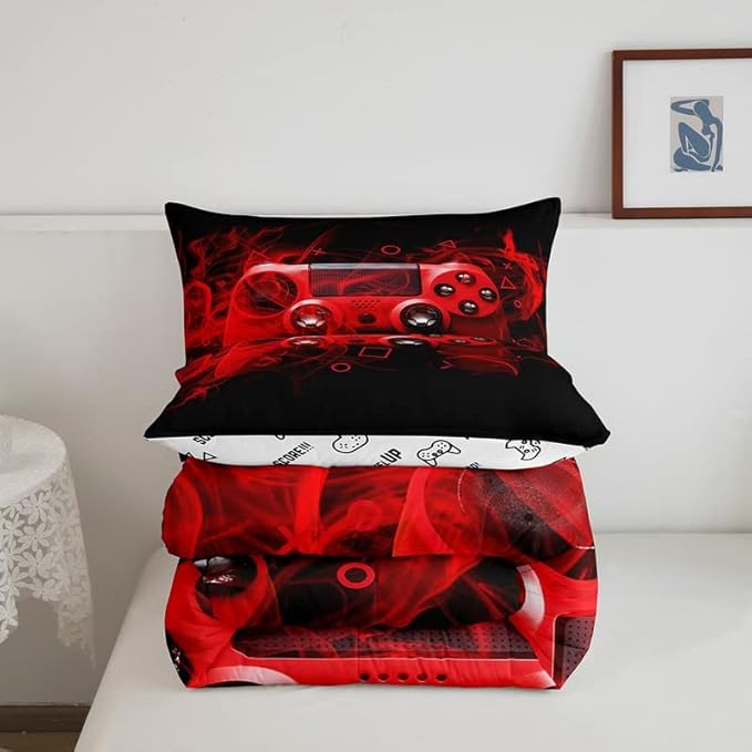 Kids Gaming Comforter Set Full Size Gamer Bedding Set for Boys Teens Gamer Bedroom Decor Youth Video Game Comforter Red Black Geometry with 2 Pillow Case