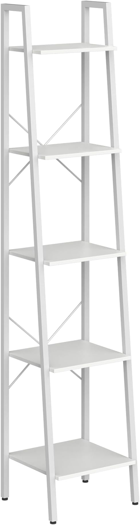 Ladder Shelf, Bookshelf Bookcase, Freestanding Corner Storage Shelve with 2 Hooks for Home Office, Living Room, Kitchen, Bedroom, Industrial, 5-Tier White BC03213W
