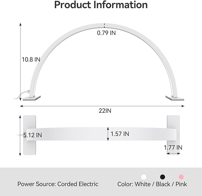 22inch Half Moon Light Nail Lamp for Desk, LED Nail Tech Lamp Lash Light for Professionals, Dimmable Lamp with Touch Controller, 3 Color Modes, 10 Brightness 3000K-6000K (White)