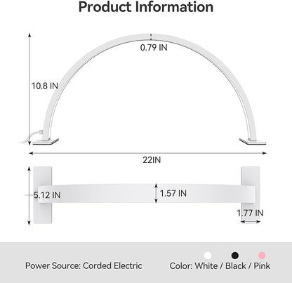 22inch Half Moon Light Nail Lamp for Desk, LED Nail Tech Lamp Lash Light for Professionals, Dimmable Lamp with Touch Controller, 3 Color Modes, 10 Brightness 3000K-6000K (White)