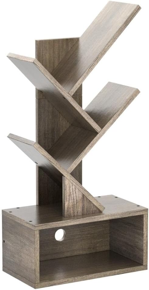 Hoctieon 3 Tier Tree Bookshelf, Modern Bookcase with Drawer, Freestanding Book shelf, Display Floor Standing Storage Shelf, Book Organizer Shelves for Home Office, Living Room, Bedroom, Greige