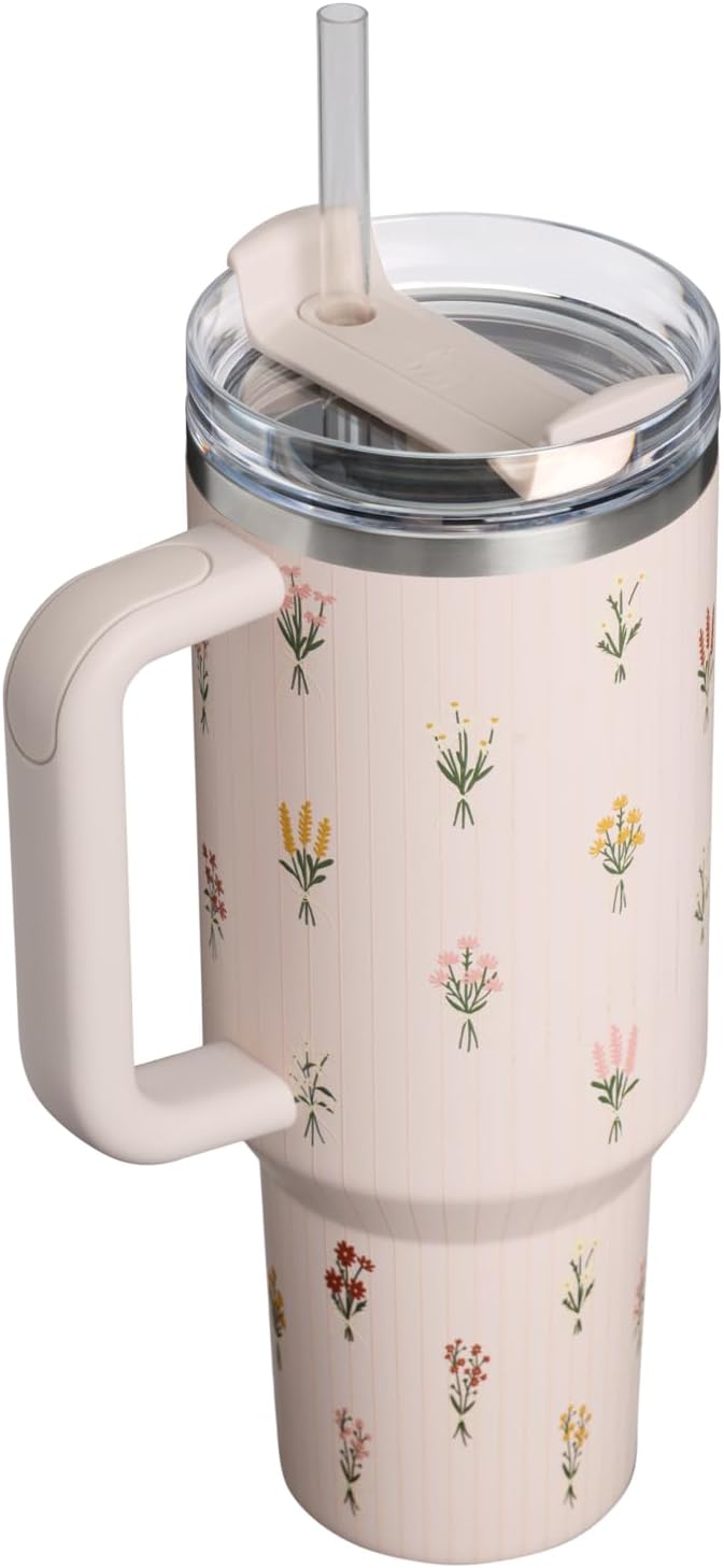 STANLEY Quencher H2.0 Flow State Tumbler, 40 oz, Rose Quartz Bouquets | Handle and Straw | 3-Position Lid | Cup Holder Compatible for Travel | Insulated Stainless Steel Cup | BPA-Free