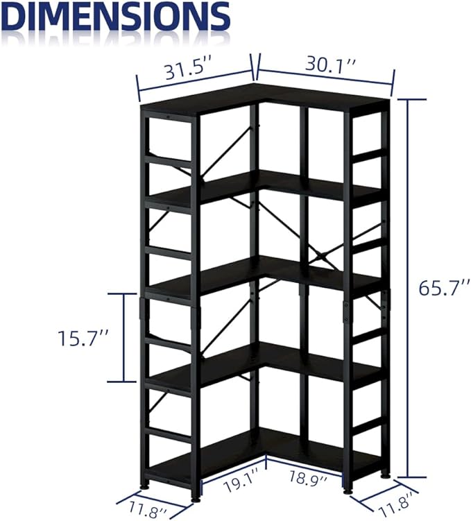 NUMENN 5 Tier Corner Bookshelf, Modern Corner Bookcase, Large Open Shelf Bookcase, Tall Bookshelves Storage Display Rack for Bedroom, Living Room and Home Office, Black