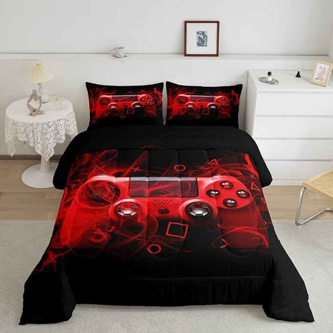 Feelyou Kids Gaming Comforter Set Twin Size Gamer Bedding Set for Boys Teens Gamer Bedroom Decor Youth Video Game Comforter Red Black Geometry with 1 Pillow Case