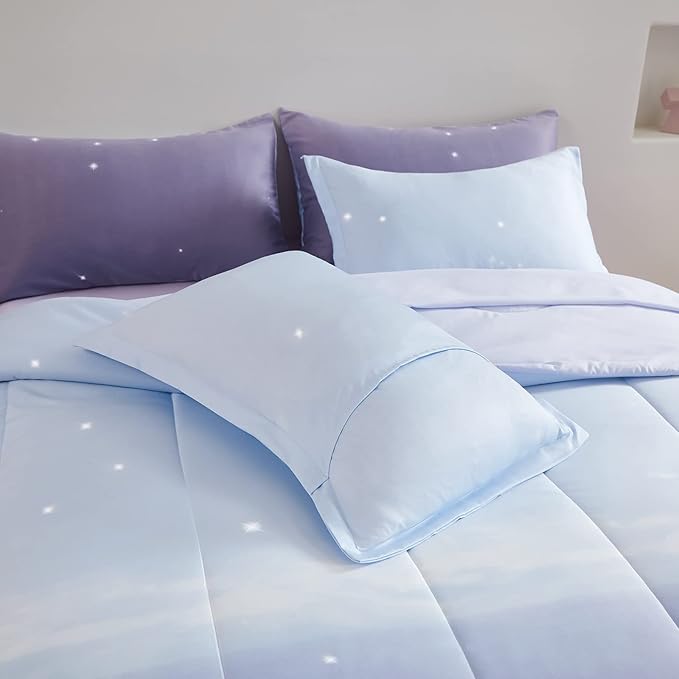 Girls Comforter Set Full Size Colorful Ombre Purple Rainbow Bedding Set Bed in A Bag for Kid Teen Girls 7 Pieces (1 Comforter, 1 Flat Sheet, 1 Fitted Sheet, 2 Pillow shams, 2 Pillowcases)