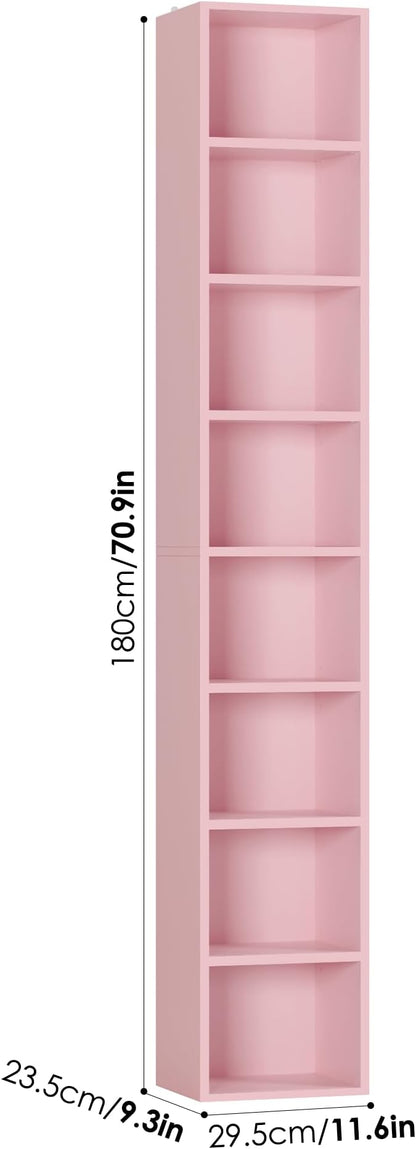 FOTOSOK 8-Tier Media Tower Rack, 11.6 X 9.3 X 70.9 Inches CD DVD Slim Storage Cabinet with Adjustable Shelves, Tall Narrow Bookcase Display Bookshelf for Home Office, Pink