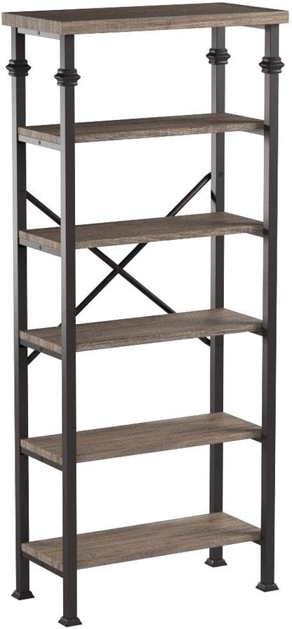 HOMBAZAAR Bookshelf, 6-Tier Vintage Industrial Book Shelf, Rustic Wood and Metal Bookcase and Bookshelves, Free Standing Storage Large Bookshelf for Living Room, Bedroom and Kitchen, Grey Oak