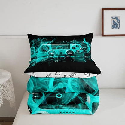 Feelyou Kids Gamer Comforter Set King Size Teens Gamepad Bedroom Decor for Boys Girls Video Game Controller Bedding Set Youth Gaming Console Comforter Blue Black Geometry with 2 Pillow Case