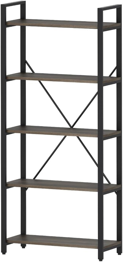 FATORRI 5 Tier Industrial Bookshelf, Rustic Etagere Bookcase for Display, Vintage Shelving Unit Wood and Metal Tall Book Shelves for Home Office (Walnut Brown)