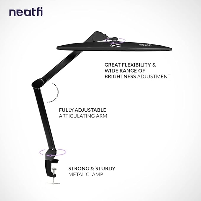 Neatfi Elite HD XL Task Lamp, 1360 Lumens, 84PCS SMD LED, 6500K, Super Bright Desk Lamp, Non-polar Dimming (Non-CCT with Clamp, Black, 22 Inches)