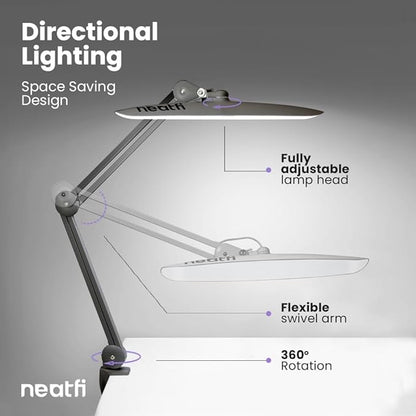 Neatfi XL 2,200 Lumens LED Task Lamp, 24W Super Bright Desk Lamp, 117 Pcs SMD LED, 4 Level Brightness, Dimmable, Task LED Light for Home, Office, Workbench (Non-CCT, Silver)