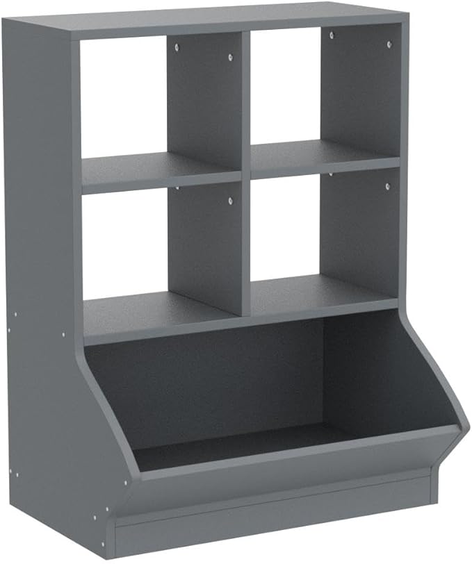 Aheaplus Toy Storage Organizer with Bookcase, 3 Cubby Bookshelf Toy Storage Cabinet, Open Multi-Bins Toys&Books Storage Display Organizer for Playroom, Bedroom, Nursery, School, Grey