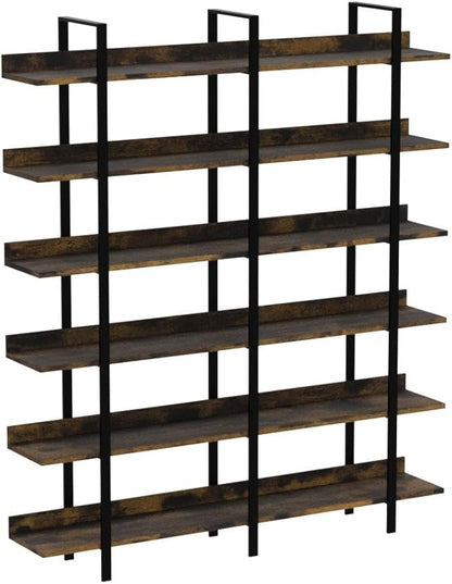 Bookshelf, 82.7" Double Wide 6 Tier Industrial Wooden Bookcase Large Wall Etagere Rustic Vintage Tall Book Shelf with Metal Frame Open Storage Rack for Living Room Home Office