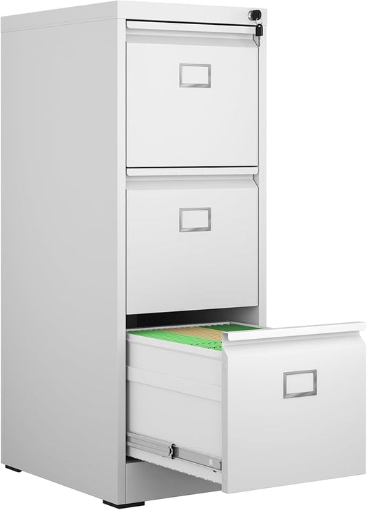 3 Drawer File Cabinet, Metal Vertical File Cabinets with Lock for Home Office, Office Steel Filing Cabinet for Hanging Files for A4/ Legal/Letter,Assembly Required (White)