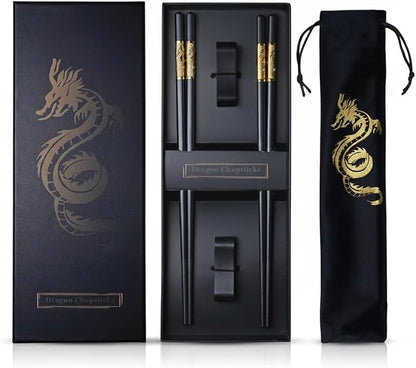 Youda Golden Dragon Chopsticks Set-Premium Alloy Metal Reusable Chopsticks with Holder & Gift Bag, Traditional Chinese & Japanese Style Design, Dishwasher Safe, Elegant Gift Box (2 Pairs)