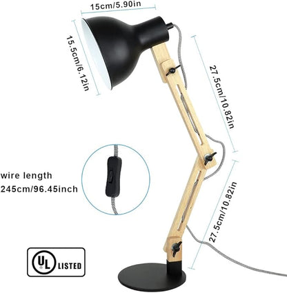 DLLT Swing Arm Desk Lamp, Wood Adjustable Gooseneck Table Lamp, Modern Architect Desk Light, Reading Light for Work, Study, Bedroom, Home Office, College Dorm, Black Metal Shade, E26 Bulb Included