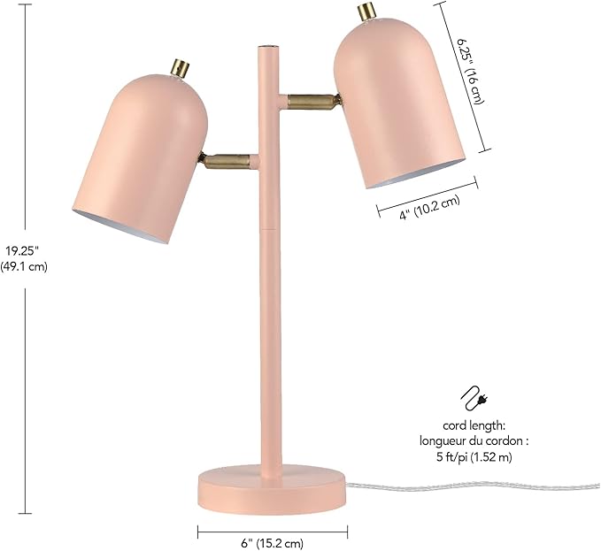 Globe Electric 30290 Carter 18" 2-Light Desk Lamp, Matte Pink, Matte Brass Accents, 2.1A USB Port, On/Off Rotary Switch on Each Shade