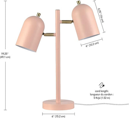 Globe Electric 30290 Carter 18" 2-Light Desk Lamp, Matte Pink, Matte Brass Accents, 2.1A USB Port, On/Off Rotary Switch on Each Shade