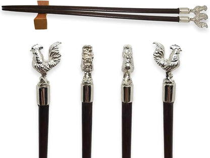 Wooden Chopsticks 9⅞" Long Coconut Palm Wood Chopstick Metal Chicken Top Eating Utensils Oriental Cutlery Asian Tableware Decorative Dinnerware to Serve Chinese Japanese Korean Food