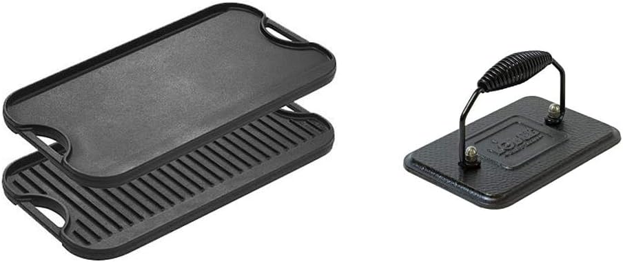 Lodge LPGI3 Cast Iron Reversible Grill/Griddle, 20-inch x 10.44-inch, Black & LGP3 Rectangular Cast Iron Grill Press, Pre-Seasoned, 6.75-inch x 4.5-inch