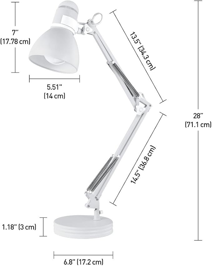 Globe Electric 52024 28" Swing Arm Desk Lamp, Matte White, On/Off Rotary Switch on Shade, Partially Adjustable Swing Arm, Home Office Accessories, Lamp for Bedroom, Home Improvement, Home Décor