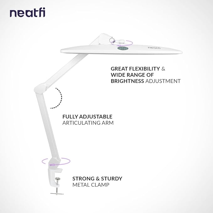 Neatfi Elite HD XL Task Lamp, 3 Adjustable Light Modes, 22 Inches Wide, 2260 Lumens, 84PCS SMD LED, Super Bright Desk Lamp, Non-Polar Dimming (CCT with Clamp, White, 22 Inches)