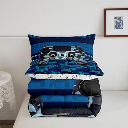 Feelyou Gamer Comforter Set Camouflage Gaming Video Game Bedding Set for Kids Boys Blue Camo Gamer Console Comforter Soft Gamepad Decor Quilt King Size Boys