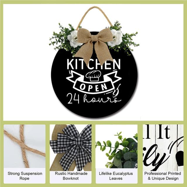 Kitchen Sign Kitchen Hanging Sign Decor Kitchen Open 24 Hours Sign Rustic Wall Decoration Wood Sign for Dining Room Housewarming 12inch