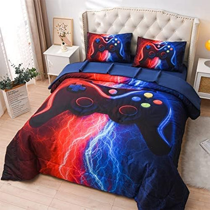 Meeting Story Gamer Gaming Bedding Sets Red Blue Lightnings Gamepad Comforter Set for Boys Games Console Action Buttons Novelty Colorful Modern Room Decor Home Quilt Set (Red-Blue, Queen 5Pcs)